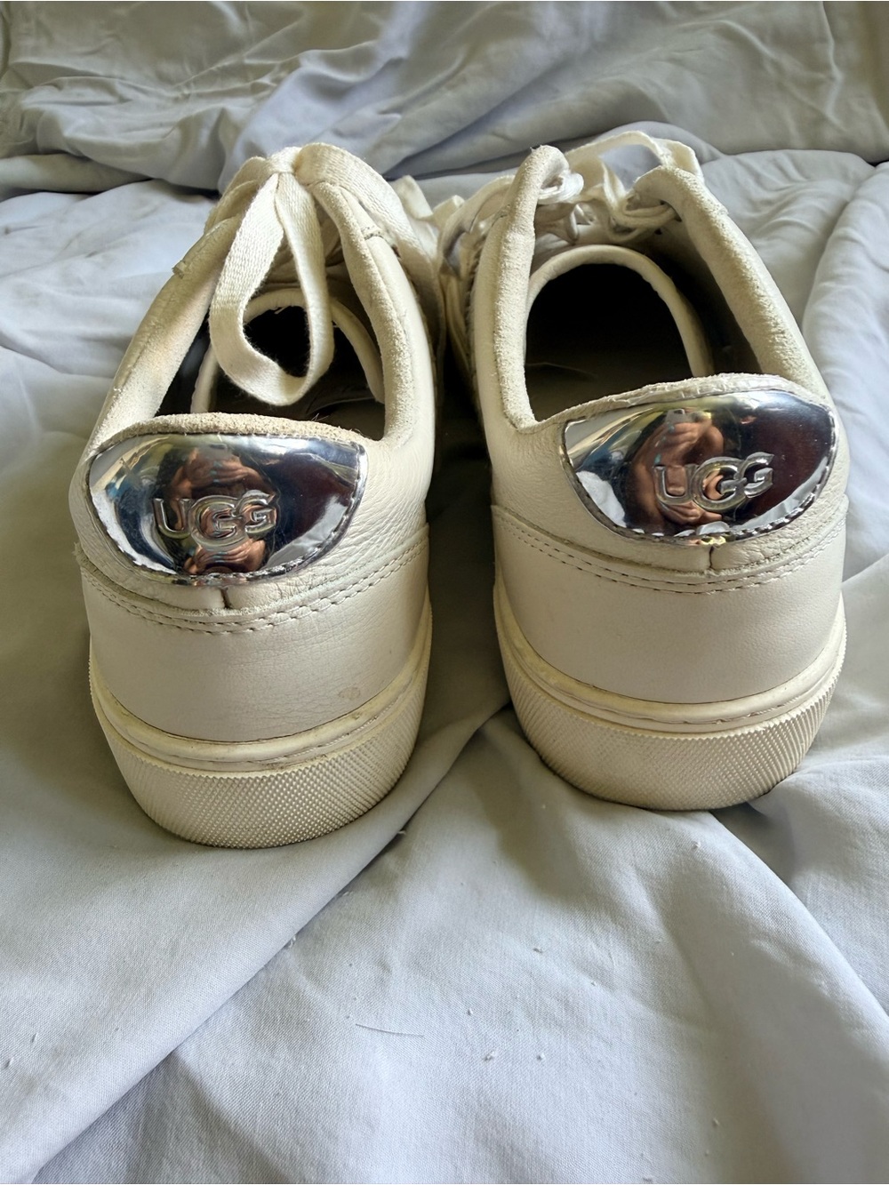 UGG Off-White Leather Sneakers with Metallic Heel Accent